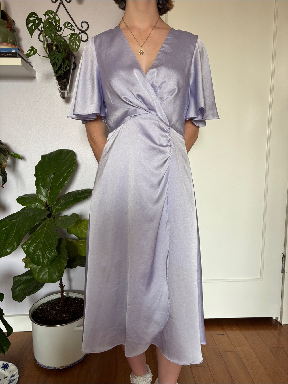 Lavender Satin Wrap Midi Dress - Women's